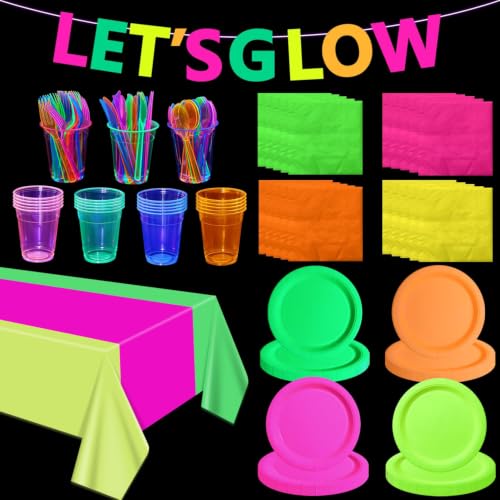 Glow in the Dark Party Supplies Including Colorful Plates Napkins Tablecloth Banner and Dinnerware for Lets Glow Neon Party Decorations Serves 20