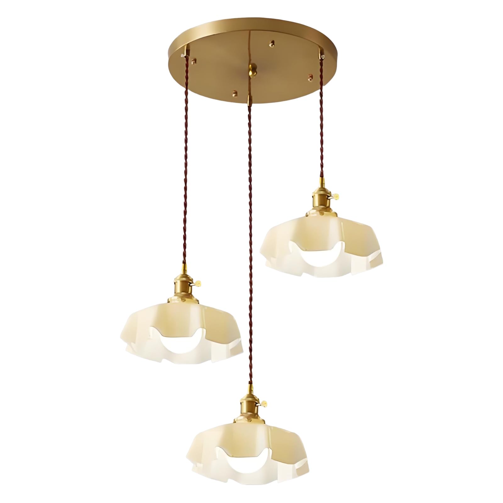 YNVIOZM 3 Light Gold Dining Room Pendant Lights, Modern Farmhouse Kitchen Chandeliers Over Table,Adjustable Height Hanging Lighting Lotus Leaf Glass Lighting Fixtures for Kitchen Island, Hallway