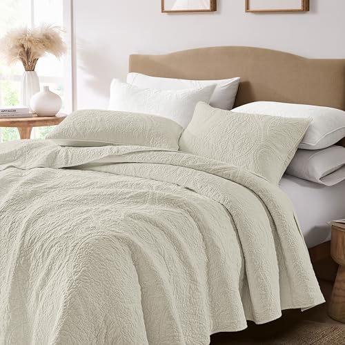 Image of palassio Beige Paisley 100% Cotton Quilt Queen Size Bedding Sets with 2 Pillow Shams, Boho Floral Lightweight Farmhouse Country Vintage Soft Bedspread Shabby Chic Coverlet for All Season, 3 Pieces