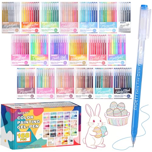NICETY 168 Gel Pens for Colouring - Gel Pens Set 0.5mm Tip with 162 Shades (159 Colours + 3 White/3 Silver/3 Gold) for Professional Artists Sketching & Journaling - Adults Craft Set