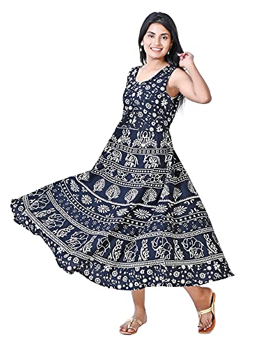 Image of Women's Cotton Printed Traditional Long Midi Maxi Kurti /One Piece Dress (Black Hathi,)