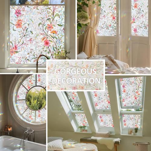 Image of XhuangTech Flower Sunroof Film Floral Rainbow Effect Static Clings Window Privacy Film Sun Protection Stained Glass Decals for Car Moonroof and Home (F815, 17.72 x 35.43 Inch)