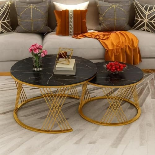 Image of Brown Art SHOPPEE Home Decor Furniture Round Coffee Table Sets,2 Piece MDF Top Couch Table,Stacking Nesting Table with Iron Frame for Living Room Living Room or Lounge (Gold & Black)