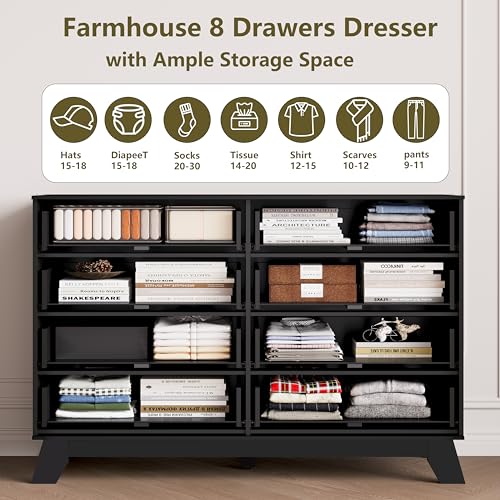 Image of HUANLEGO 48 inch W Tall Fluted Dresser for Bedroom with 8 Drawer, Black | Mid Century Modern Dresser for Closet, Anti-Tipping Design, Wooden Dressers & Chest of Drawers for Living Room, Home Office