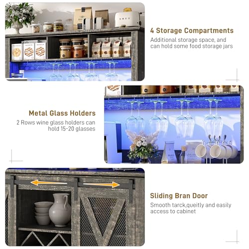 Image of 47 inchWide 56 inchH Farmhouse Coffee Bar Cabinet with Power Outlet and LED Light,Wine Bar Cabinet w /3 Storage Hutch,Kitchen Buffet Cabinet with 10 Wine and Glass Racks for Kitchen Dining Room(Dark Oak)