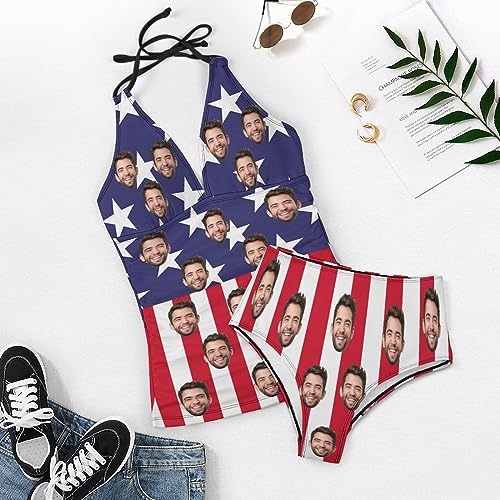 Personalized Husband Face on Women V Neck Swimsuits American Flag 2 Piece Bathing Suits Swim3