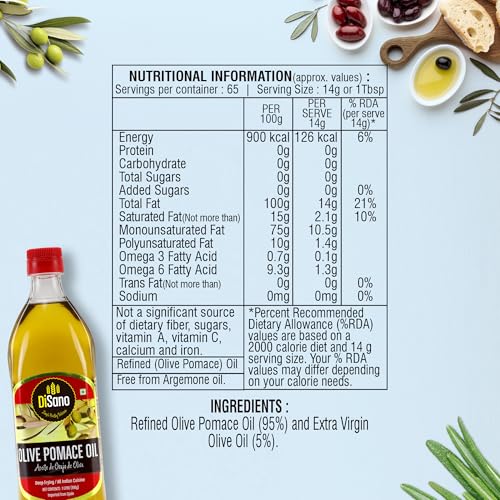 Image of DiSano Olive Pomace Oil 1L, Ideal for all Indian Cooking and Deep Frying (Pack of 2)