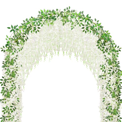 HLAONU 75 Branches Wisteria Hanging Flowers 5Pcs Total 30ft White Wisteria Artificial Flowers Garland Vine Silk Hanging Flowers for Wedding Party Arch Ceremony Garden Home Backdrop Decor