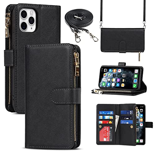 Jaorty for iPhone 11 Pro Max Phone Case Wallet for Women Men with Card Holder,for iPhone 11 Pro Max Crossbody Case with Strap Shoulder Lanyard, Zipper Pocket PU Leather Cases,6.7 Inch Black