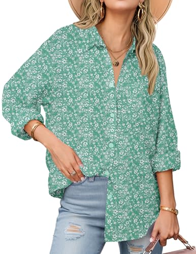 Zeagoo Spring Tops for Women Linen Button Down Shirt Easter Flower Blouses Green Floral