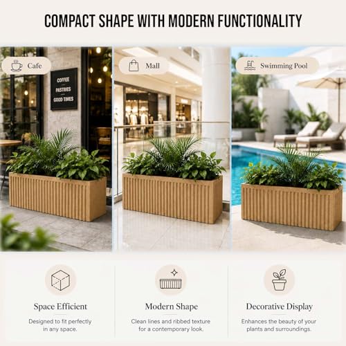 Image of Go Hooked Rectangular Planter Pot (24x12) Inch | Sandstone Ribbed Design Plastic Flower Pot for Indoor Outdoor Balcony Garden Window Railing Patio | Polymer Decorative Plant Container