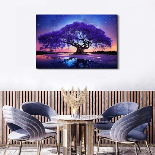 Image of Purple Tree Landscape Wall Art Blue Starry Night Picture Artwork for Living Room Wall Decor Abstract Nature Scenery Canvas Print Painting for Modern Bedroom Bathroom Home Office Decoration 32x48 inch