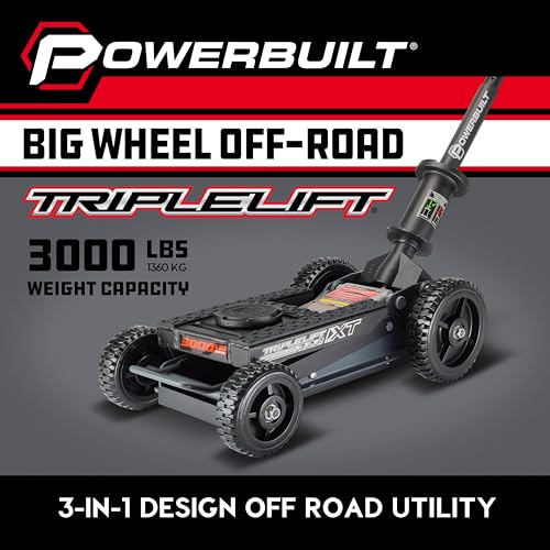 Image of Powerbuilt Big Wheel Triple Lift Garage Jack, 3000 Pound Off Road Lift, Truck, Car, Motorcycle 1.5 Ton Capacity, 620613ECE