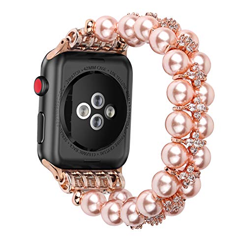 Fashion Beaded Bracelet Compatible with Apple Watch Band 38mm 42mm 40mm 44mm, Handmade Elastic Stretch Women Strap Replacement for Apple Watch SE Series 6 5 4 Series 3 2 1 (Rose Gold Beads, 38mm/40mm)