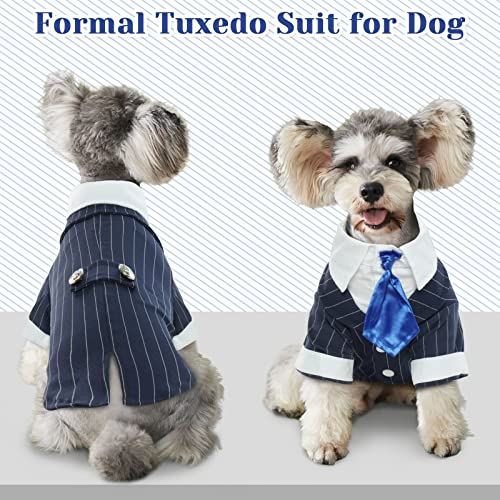 Dentrun Dog Stylish Suit Bow Tie Costume, Puppy Tuxedo Wedding Halloween Birthday Cosplay Shirt, Pet Formal Clothes For Small Medium Dogs, Navy Blue, S #TOP3