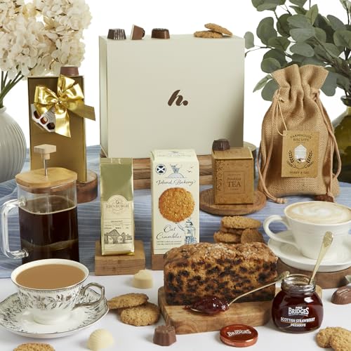 Luxury Scottish Gift Hamper Gourmet Food Hamper Basket with Delicious Fruit Cake Chocolates Oaty Biscuits Artisan Tea Coffee | Birthday & Thank You Gift for Men & Women