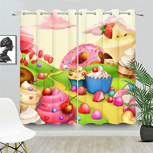 Yeele Cartoon Dessert Window Curtain Girl Room Curtain Sweet Cake Blackout Curtain Pink Candy Cloud Cute Curtain for Bedroom Kids Darkening Curtain,52x96IN(2Panels)