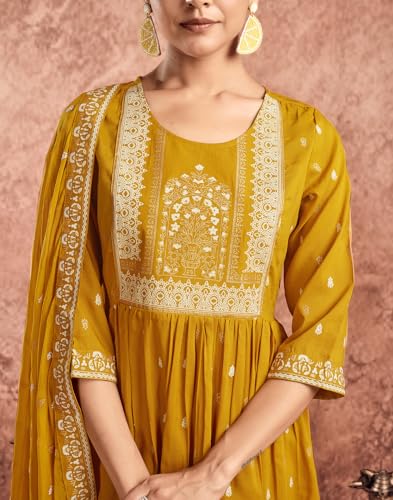Image of SKYLEE Women's Printed & Gota Lace Cotton Silk Anarkali Kurta Set with Dupatta