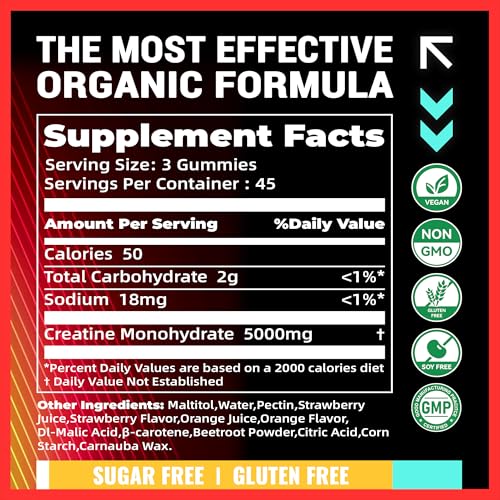 Image of NSF Certified Creatine Gummy 5g - Creatine Monohydrate Gummies - Pre-Workout Energy & Muscle Growth Support for Men & Women | Strawberry Orange Electrolyte Gummies (135 Count)