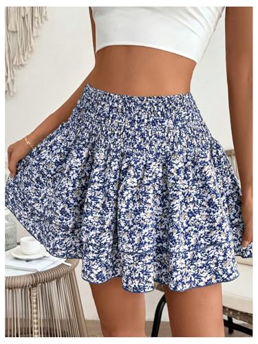 Floerns Women's Floral Ruffle Hem Layered Skirts Elastic High Waist Flared Mini Skirts3