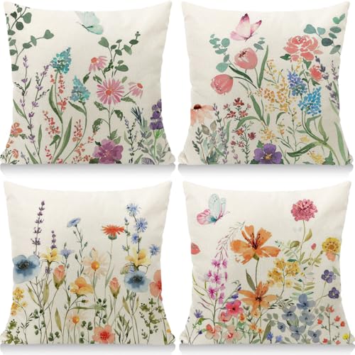 Cirzone Outdoor Kissen Dekorative 4 er Kissenbezug Frühling 45 x 45 cm Gartenkissen Bunte Blumen und Schmetterlinge Kissenbezug Werden für Heim Sofak Garten