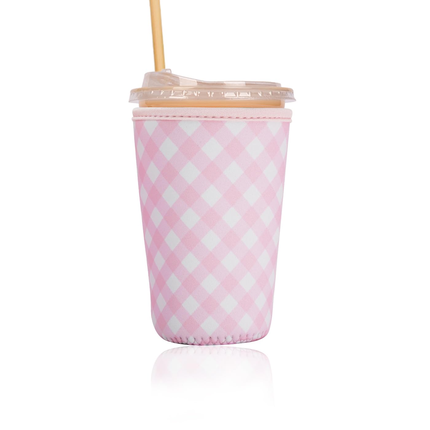 Reusable Insulated Sleeve for Iced Coffee Cup, Coffee Neoprene Sleeve for Cold &amp; Hot Drinks, Beverage Holder for Iced Coffee (Blush Gingham, Medium: 22-24oz)