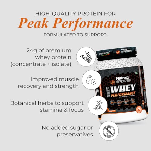 Image of NUTRELA Sports Patanjali Whey Protein 1kg with Shaker | Concentrate + Isolate | 24g Protein Per Scoop | 6.7g BCAA, 4.9g Glutamine with Digestive Enzymes for quick absorption & easy digestion | Muscle - Building & Recovery | 100% Vegetarian | Irish Chocolate