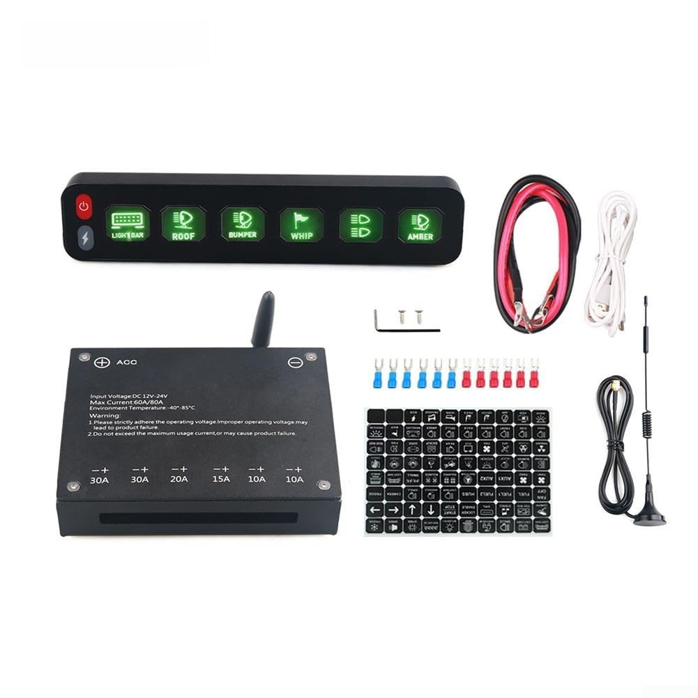 Panel de control táctil inalámbrico de 6 vías RGB intermitente interruptor de relé electrónico 80 A corriente máxima USB C carga metal ABS construcción para coche, camión, vehículo