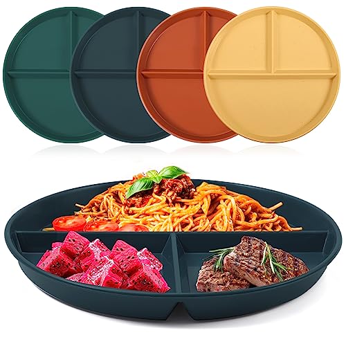Lanjue 4Pcs Divided Dinner Plates, 9 inch Unbreakable Portion Control Divided Diet Plates Picnic Plates Microwave and Dishwasher Safe Dishes for Adult Children Kids