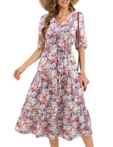 Bbonlinedress Women Casual Wedding Guest Dress Boho Floral Vacation Beach Party Flowy Short Sleeve Plus Size Dress Purple Pink Flower XL