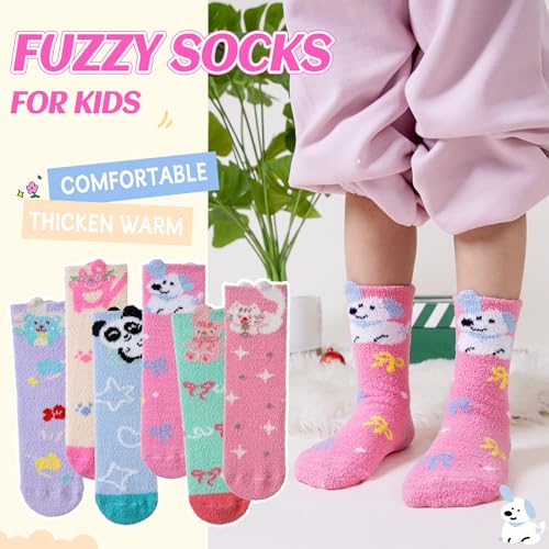 Image of Eyean Kids Fuzzy Socks Non Slip Soft Fluffy Slipper Grips Socks Warm Plush Cozy Cabin Boy Girls Crew Socks 6 Pairs