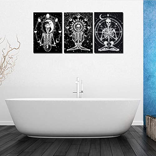 Tucocoo Meditation Skeleton Wall Art Decor For Bedroom 3 Piece Canvas Black And White Tarot Paintings Sun And Moon Starry Pictures Psychedelic Skull Gothic Artwork Framed Ready To Hang Gift 42"X20" #TOP3