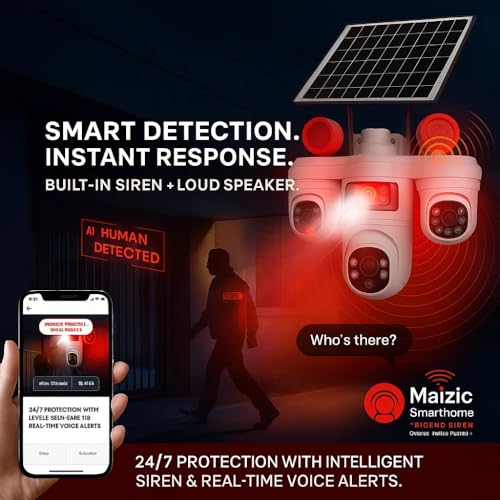 Image of Maizic Smarthome TRIGENIE Siren 4G Solar White 5MP�3 Triple Lens AI PTZ Outdoor Security Camera | 360� Pan View | Color Night Vision | Human Detection | 2-Way Audio | IP66 Waterproof