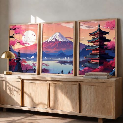 Image of kotart Big Aesthetic Mount Fuji Wall Art Paintings | Mountain Landscape Framed Painting | Nature Art Vastu Frames for Living Room Bedroom Wall Decor Set Of 3 (14x20 Inch)