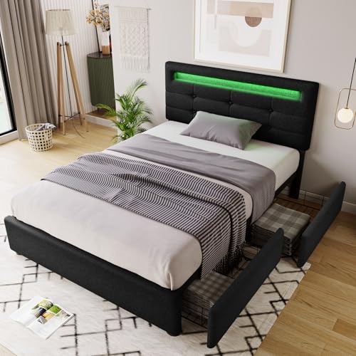 LZPUOUI Estructura de Cama Tapizada 90x200cm con Dos Cajones Inferiores y Cabecero Regulable con Sistema de Iluminacion como Marco de Alta Resistencia y Base para Somier de Dormitorio Negro