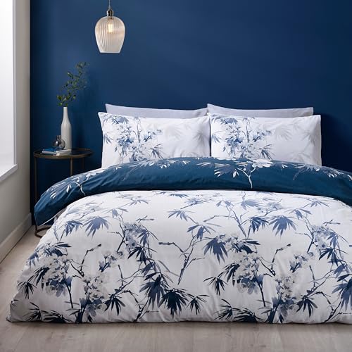 Catherine Lansfield Kyoto Floral Reversible Double Duvet Cover Set with Pillowcases Blue