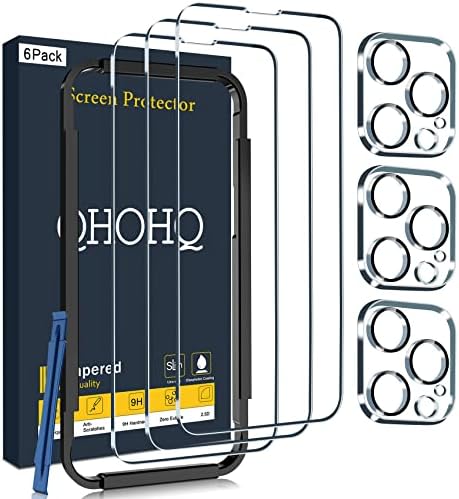 QHOHQ 3 Pack Screen Protector for iPhone 14 Pro Max 6.7 Inch with 3 Pack Tempered Glass Camera Lens Protector, Ultra HD, 9H Hardness, Scratch Resistant, Case Friendly [Included Easy to Install Frame]