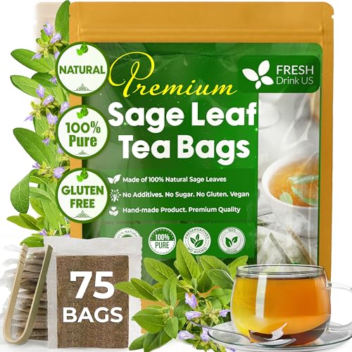 Image of FreshDrinkUS, 75 Sage Leaf Tea Bags, 100% Natural & Pure from Sage Leaves. Loose Leaf Sage Herbal Tea. Sage Leaf Tea. Made with Natural Material Tea Bags. No Sugar, No Caffeine, No Gluten, Vegan.