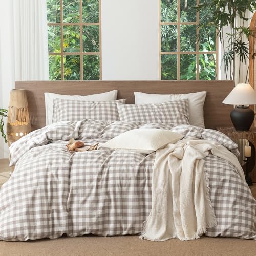 MooMee Gingham Duvet Cover Set 100% Washed Cotton Linen Like Textured Breathable Durable Soft Comfy Modern Checkered Design (Buffalo Plaid Tannish Linen Grey, King 104"x90")