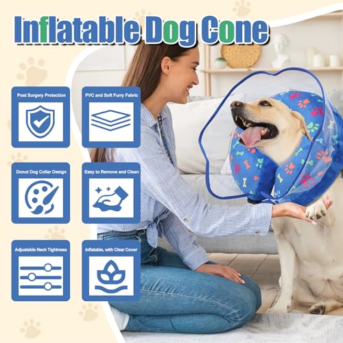 Image of Inflatable Collar After Surgery, Adjustable Cute Calming Puppy Collar with Soft Padding, Pet Prevent Scratches Anti Licking Collar for Small Medium Large Dogs (Blue, M)