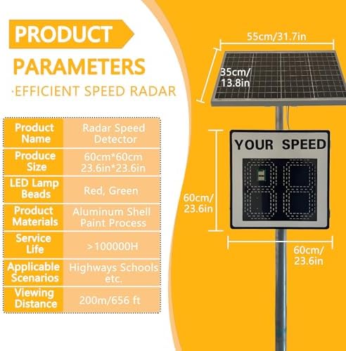 Solar Radar Speed Limit Sign - LED Speed Feedback Display, IP65 Waterproof Road Safety Detector with Solar Panel & Remote Control, 60x90cm for Enhanced Traffic Management
