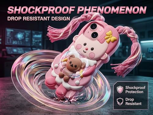 Image of amazon basics Cute 3D Pink Doll Silicone Mobile Case for iPhone 15 - Aesthetic Cartoon Girl with Braided Tassels & Teddy Bear, Soft Shockproof Protective Back Cover for Girls & Kids