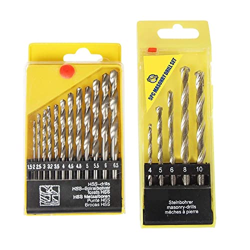 Image of MRG CLASSIC Drill Bit MTS-887 Set of 13 for Wood, Malleable Iron, Aluminium, Plastic and Masonry with Set of 5 Pieces for Concrete and Brick Wall Drilling