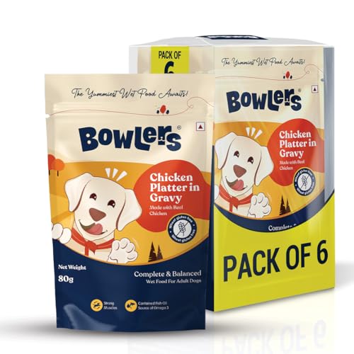 Image of Bowlers Adult Wet Dog Food | Chicken Platter in Gravy |80 GMS (Pack of 6)| Gluten Free | Supports Hydration | Smooth Digestion & Healthy Coat | Shelf Life 24 Months