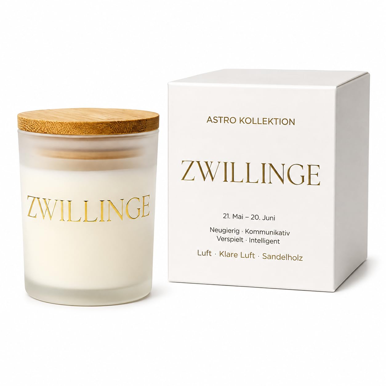 Zwillinge Astro Duftkerze, Klare Luft & Sandelholz, Sojawachs, 220 ml, 45–50 Stunden Brenndauer