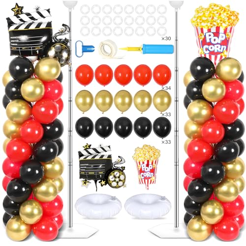 2 Sets Movie Night Balloon Column Stand Kit With 102 Popcorn Clapboard Foil Balloons 5.57ft Adjustable Tower Stand With Base Adjustable Arch Column for Camera Film Movie Birthday Party Supplies