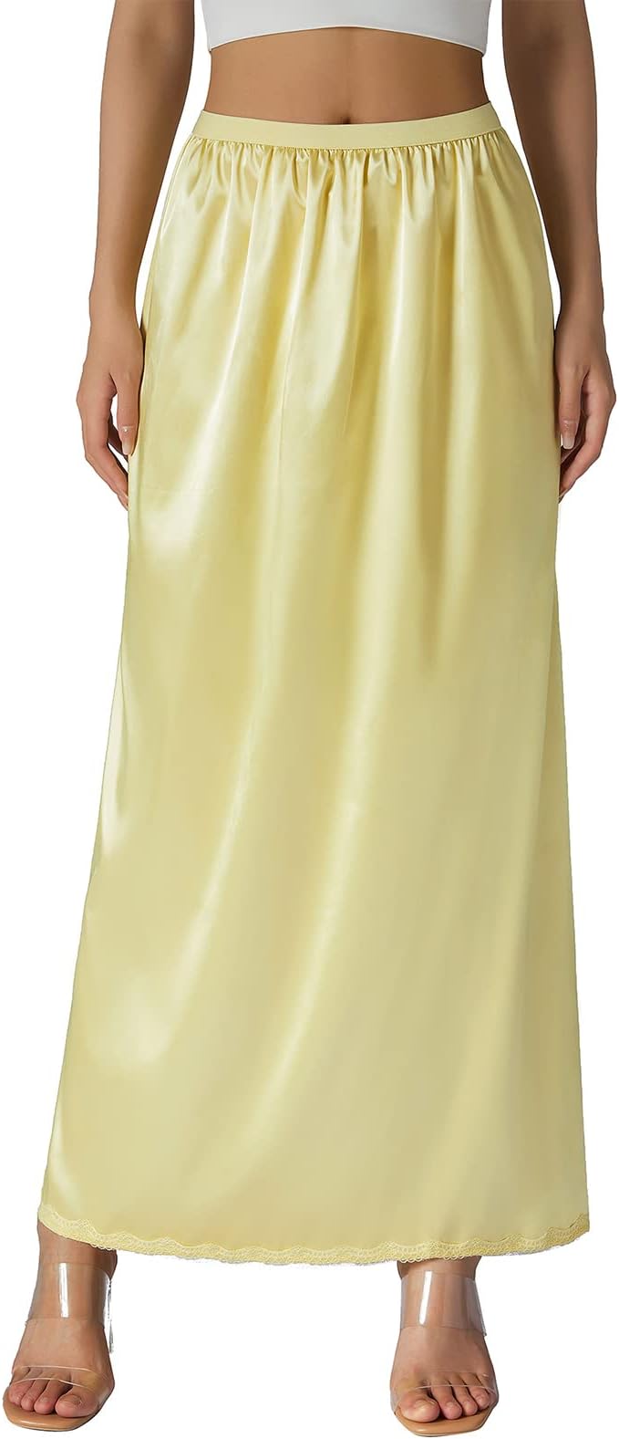 Women's Satin Half Slips Solid Color Long Underskirt Elastic Waist Inner Lining Midi Skirt Y2k Ladies Petticoats Under Dresses