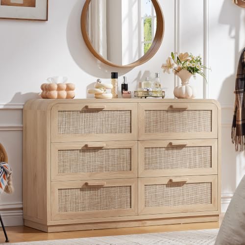 Image of LEYAOYAO Rattan 6 Drawer Dresser for Bedroom, Natural Wood | Boho 49 inch Wide Curved Dressers & Chests of Drawers with Solid Wood Handle & 5 inch Deep Drawers & Anti-Tip Safety