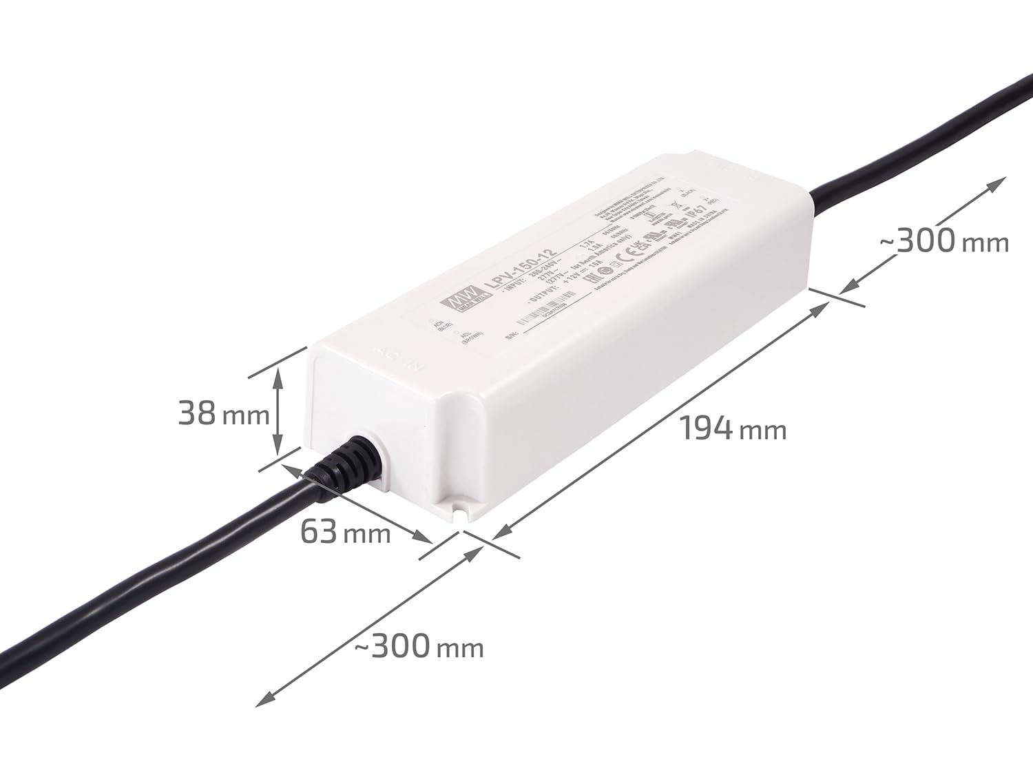 Netzgerät LED Mean Well - Hutschienen Netzteil mit 12V, 150Watt, 10A, LPV-150-12 - Schutzart IP67 - Hutschienen Netzteil LED-Rail - Überspannungsschutz - Passivkühlung - 38x63x194mm