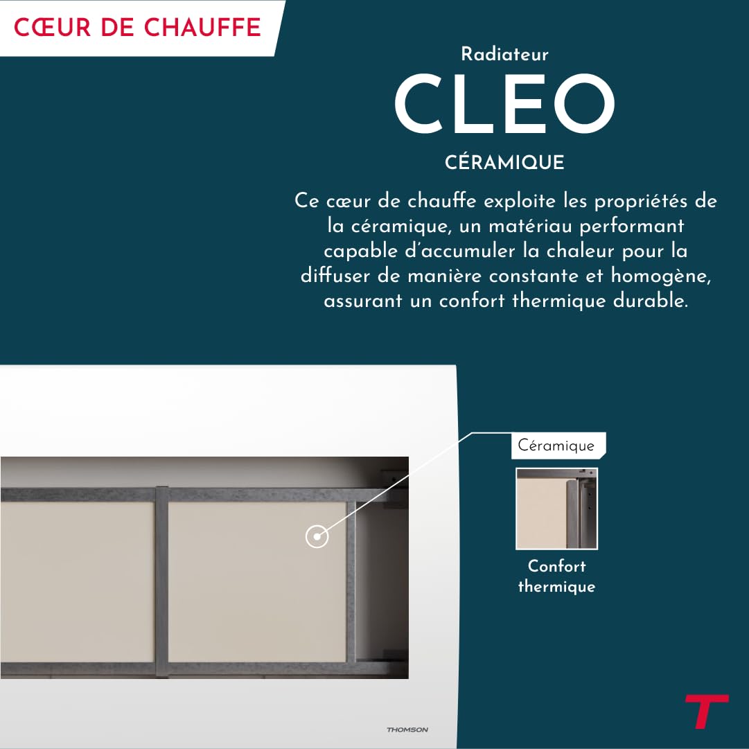 THOMSON - Radiateur électrique fixe à inertie sèche céramique avec thermostat interchangeable 2000W THOMSON CLEO horizontal blanc